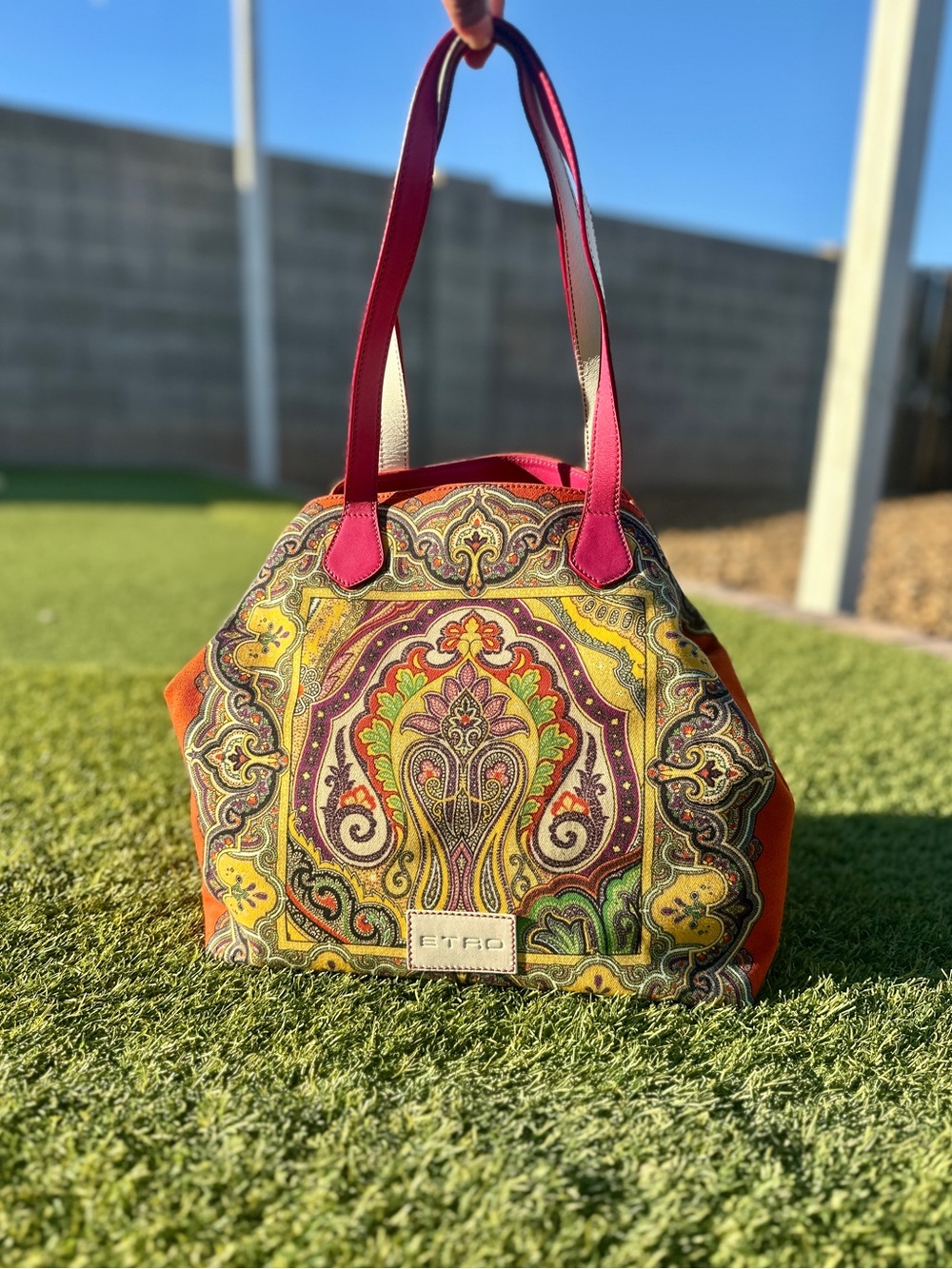 ETRO Milano Paisley Jacquard Shoulder Tote Orange Fuchsia Made in Italy
